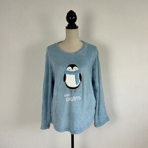Inteco Womens Blue Fleece Pajama Long Sleeve Shirt Embroidered Penguin Large
